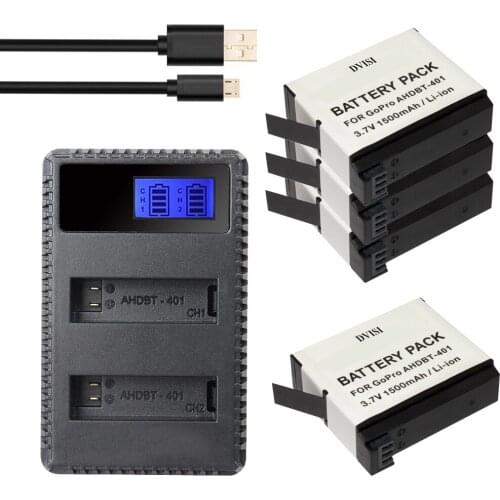 4Pcs DVISI AHDBT-401 AHDBT 401 AHDBT401 HERO 4 Camera Batteries + USB Dual LCD Home Charger for for GO PRO HERO4 AMKOV 7000S
