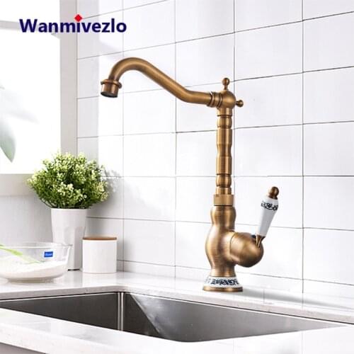 Blue and white porcelain Handle Kitchen Faucet Antique Brass Deck Mount Hot and cold Bathroom Crane Vanity Sink Mixer Taps