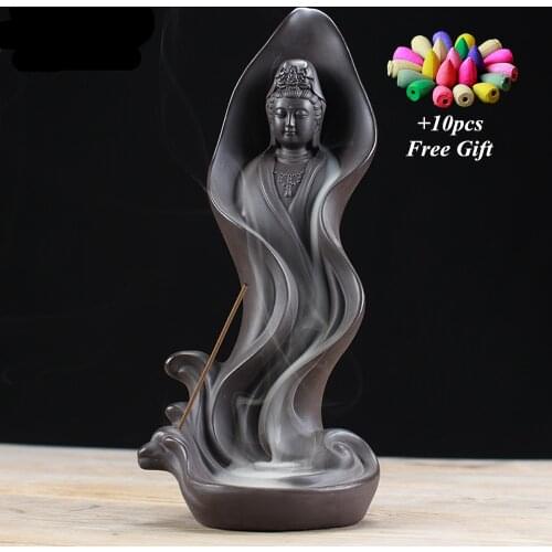 Tearoom Ornaments Backflower Incense Burner Purple Sand Guanyin Stick Incense Holders Ceramic Crafts for Home Decor Cone Stove