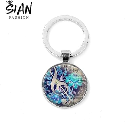 SIAN Vintage Musical Note Keychain Music Notation Art Picture Round Glass Cabochon Key Ring Mobile Phone Key Holder Accessories