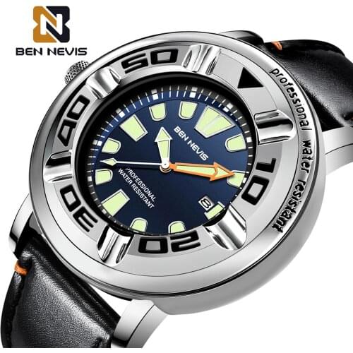 BEN NEVIS Fashion Leather Men Watches Brand Luxury Waterproof Blue Face Military Auto Date Quartz WristWatches Relogio Masculino