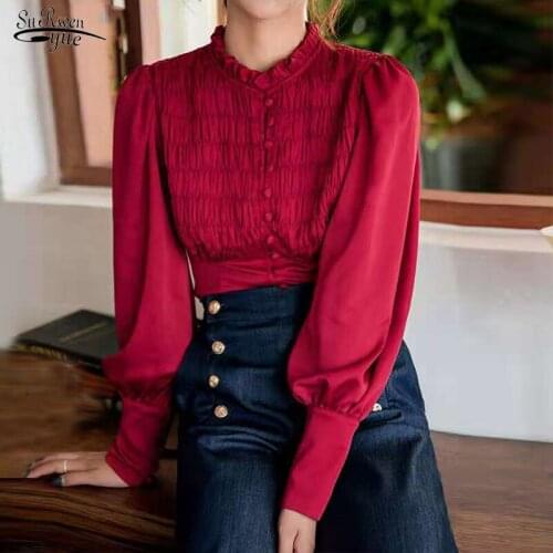 Fashion Ruffles Slim Blouses French Vintage Pleated Shirts Women Autumn Stand Collar Button Long Sleeve Ladies Blouse Tops 16124
