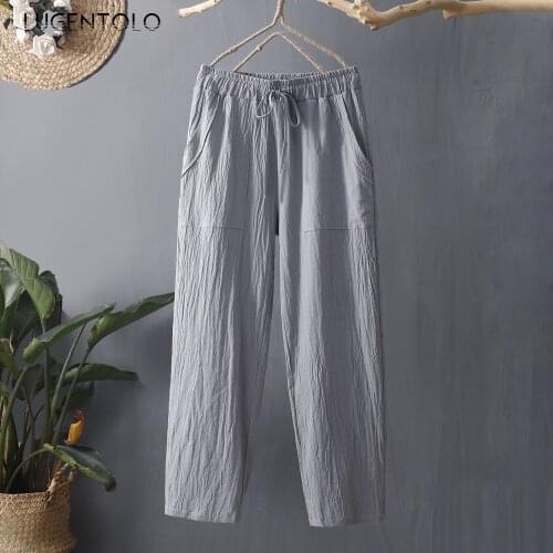 Women Large Size Pants Drawstring Elastic High Waist Summer Female Casual Loose Pocket Linen Straight Polyester Pants