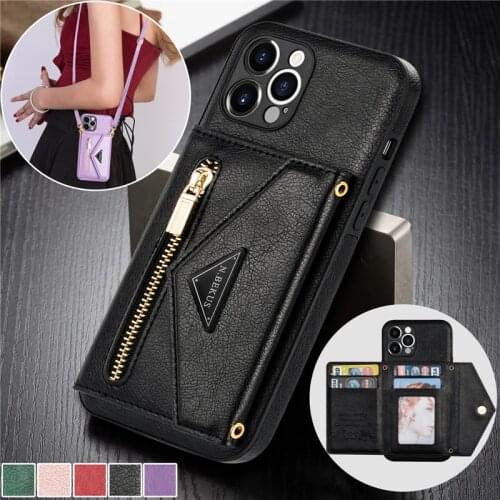 Lanyard Zipper Wallet Case For Samsung Galaxy S21 Plus S20 FE Note 20 Ultra A12 A52 A72 A51 A71 Leather Purse Card Cover Coque
