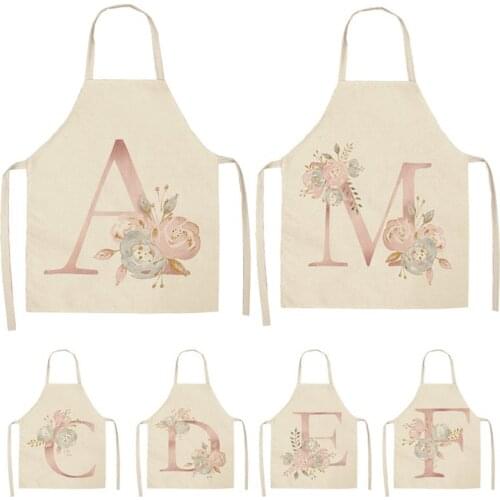 Pink Letter Alphabet Flower Cotton Linen Aprons Home Cooking Baking Coffee Shop Cleaning Apron Kitchen Accessories 53*65cm Q0006