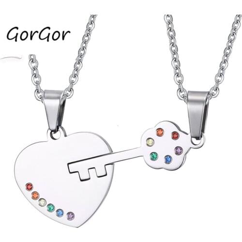GorGor New Arrivals Stainless Steel Heart-shaped Unlocking Rainbow Pendant Necklace for Simple Couple Jewelry Gift PPN-032