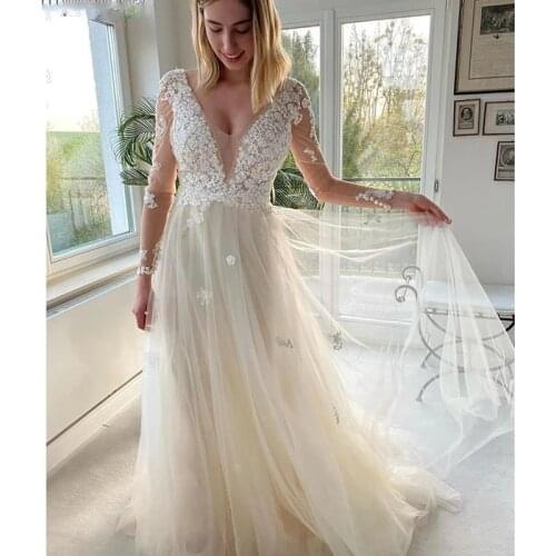 Ivory Lace Champagne 2021 Tulle Long Sleeves A-Line Wedding Dresses Chapel Train Floor-Length V-Neck Bridal Gowns Robe De Mariee