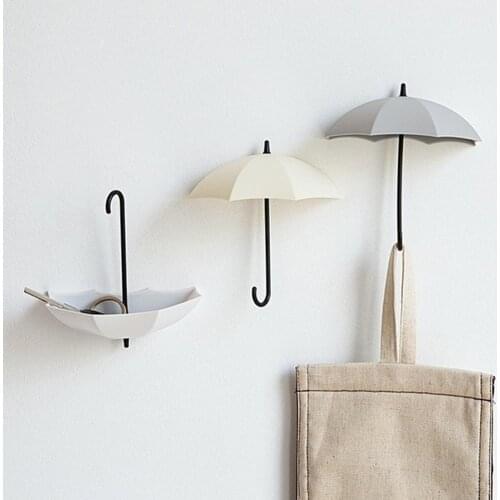 3Pcs Cute ABS Multi-Purpose Wall Hook Umbrella Shape Hooks Key Hanging Bag Brush Holder Decorative Organizer