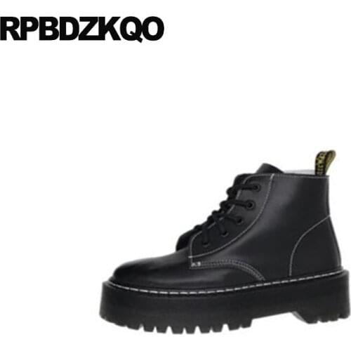 Muffin Black Luxury Combat Round Toe Women Ankle Boots Medium Heel Shoes Lace Up Flatform High Genuine Leather Military Platform