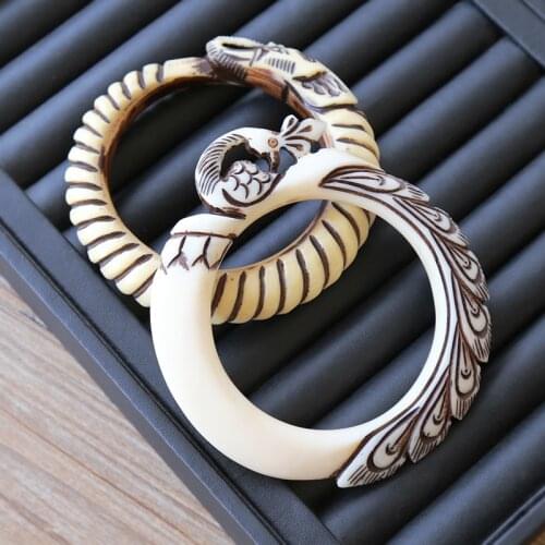 Charming Handcraft Handmade Yak Bone Bracelet carved elephant peacock fixed ring mouth