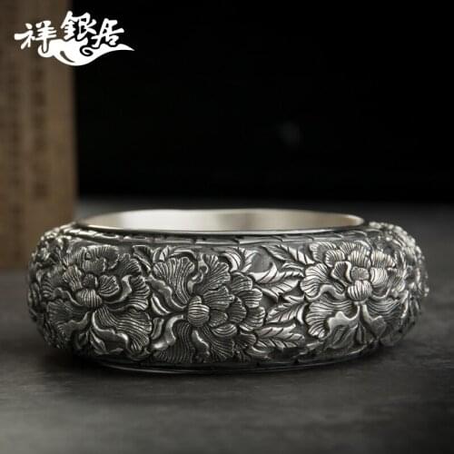 Original manual Chinese wind 999 fine silver great riches and honor peony silver bracelet silent hollow silver bracelet