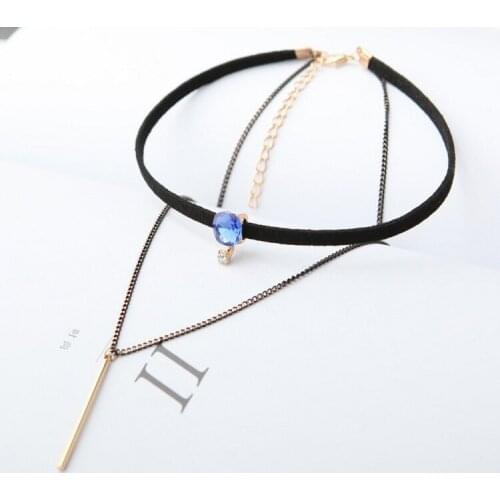 Punk 2018 New Fashion Necklace Double Blue Crystal Clavicle Chain Tassel Leather Chain Lady Wholesale Necklace