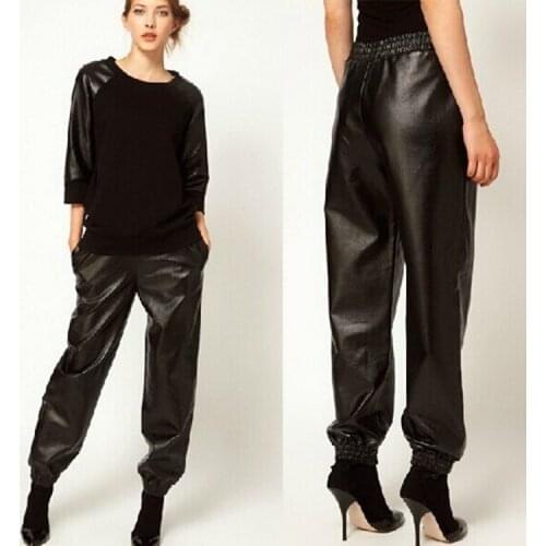 XXL Plus-sized-Casual WOMENS Dress Fashion Spring and Autumn Black PU Loose-Fit Trousers Elastic Waist Woman Leather Pants