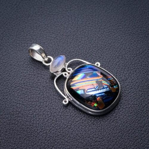 StarGems Natural Rainbow Dichroic Glass And Moonstone Handmade 925 Sterling Silver Pendant 2" E0368
