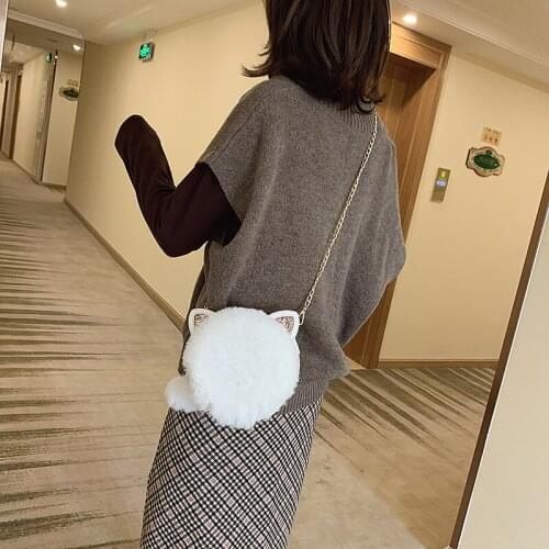 Fur handbag winter fashion new handbag high quality mini girl cute cat ear round shoulder strap all-match messenger bag pink