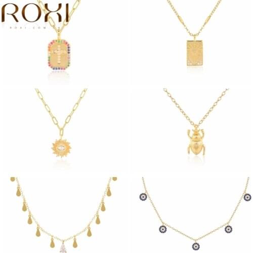 ROXI Vintage Multilayer Geometry Pendant Necklace for Women Insect Cross Charm Choker Necklaces Silver Bohemian Beach Jewelry