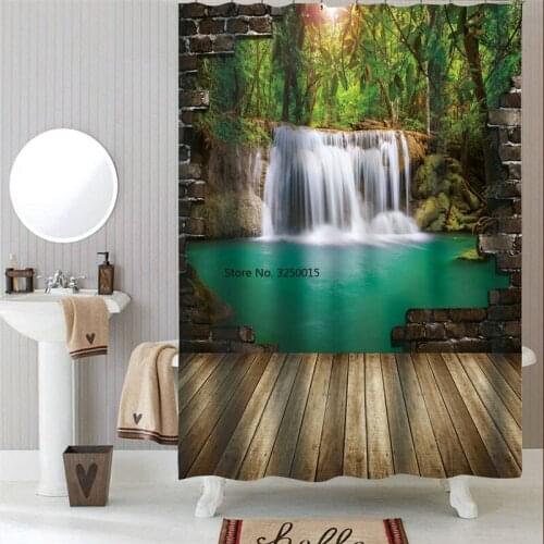 Mountain Stream Polyester Fabric Waterproof Shower Curtains Forest Waterfall Bath Curtains Natural Landscape Bathroom Decoration