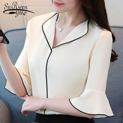 Fashion Women Blouses 2021 Summer Korean Style V-neck Chiffon Women Blouse Shirt Flare Women Shirts Blouses Women Tops 3404