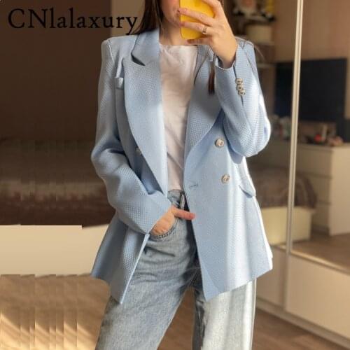2021 Women Blazer Jacket New Solid Double Breasted Vintage Long Sleeve Pockets Female Offce Lady Coat Tweed Outerwear Chic Tops