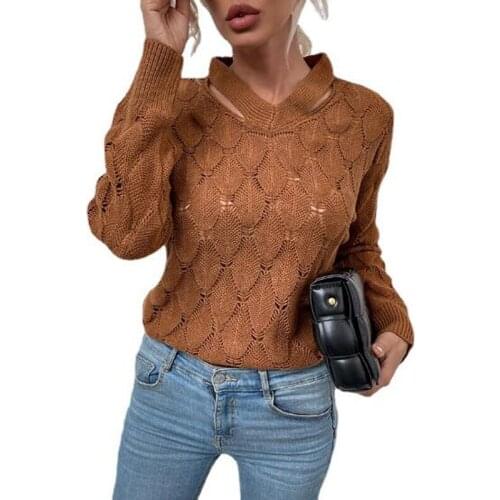 Brown Hollow Knit Sweater Womens Pullover Autumn Top 2021 New V-neck Strapless Fish Scales Shape Sweater Women Long Sleeve Tops