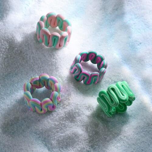 Fashion Geometric Irregular Round Wave Ring Colorful Hit Color Striped Handmade Ceramic Clay Wide Rings For Women Jewelry Gifts