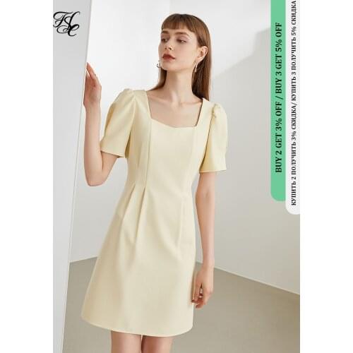 FANSILANEN Office Lady Puff Sleeve Square Neck Dress Summer 2021 2 New Girl Back Hollow Light Yellow Long Women Dress
