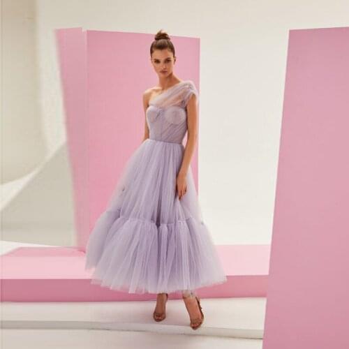 2020 Pretty Lavender A-line Tulle Women Dresses Dresses One Shoulder Puffy Ankle Length Party Dress Vestidos