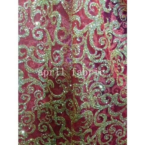 5yards hh011 african newest gold red luxury fancy hand print glued glitter net mesh fabric for sawing/wedding