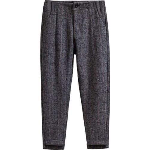 Plus size womens autumn and winter new style was thin faux woolen plaid pants harem pants British style High waist feet pants