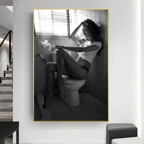 Black White Canvas Painting Modern Posters and Prints Sexy Girl Smoking in Toilet Wall Art Picture for Living Room Aisle Decor