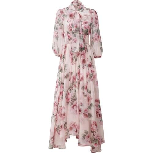 DIDABOLE summer Bohemian Womens Bowknot Streamer Vacation Vintage Elegant Rose Print High Quality Fashion Chiffon Long Dress