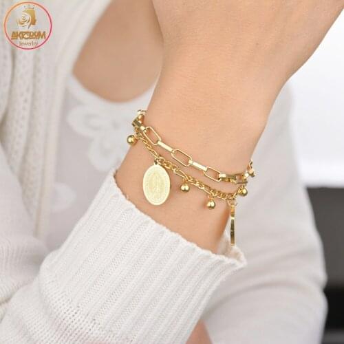 Akizoom Punk Bangles Stainless Steel Virgin Mary DIY Hand Chain Freeshipping Double Layers Bracelets for Women Jewelry Gift