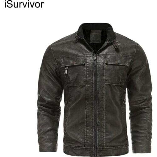 ISurvivor 2021 Mens Retro Stand-Collar Leather Jacket Mens Autumn And Winter New Jacket Casual Trend Leather Jacket Windproof
