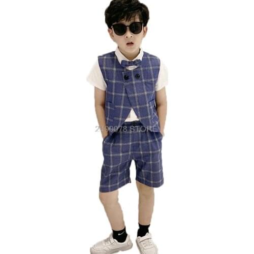 Boys Summer Vest + Shorts 2Pcs Clothing Set Kids Luxurious Suit Party Dress Children Piano Performance Costume