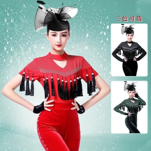 Summer New Female Latin Dance Practice Clothes Sexy Rhinestones Tassel Tops Women Standard Ballroom Cha Cha Dancer Shirt DWY3229