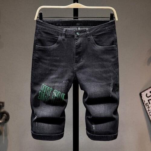 2021 New Streetwear Men Jeans Shorts Green Letter Printing Male Denim Five Points Pants Hip-hop Style Fashion Short Jean
