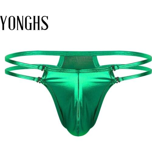 Mens Lingerie Sexy Underwear Shiny Metallic Low Rise Bulge Pouch T-Back Glossy Jockstrap G-strings Thongs Bikini Briefs Panties