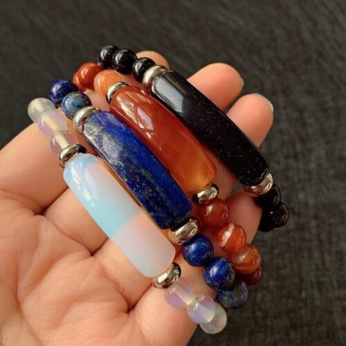Natural Stone Strand Beads Bracelet Pink Quartz Lapis Agates Opal Obsidian Crystal Rectangle Bar Charms Bracelets Reiki Healing