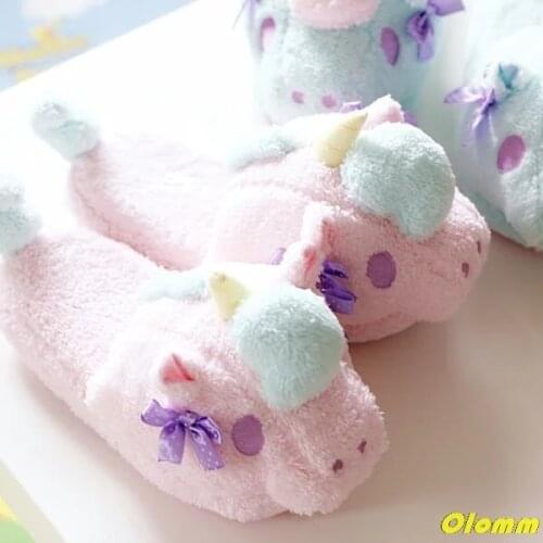New Winter Indoor Slippers Plush Home Shoes Unicorn Slippers for Grown Cartoon Fur Unisex Indoor Chausson Licorne