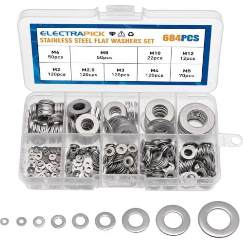 684/360pcs Stainless Steel Flat Washer Plain Gaskets Assortment Kit Spacers Kit Screw Bolt Fastener Metalwork M2 - M10 Hardware