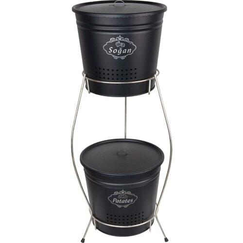 CANDLESTICK HOME Potato Onion Bucket Metal Chrome Standing 2 Layer Black