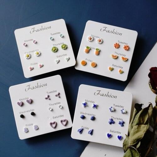 Fashion Ceramic Earrings For Week Every Days Sets Ear Studs For Women Girls Gift Flower Heart Small Jewelry