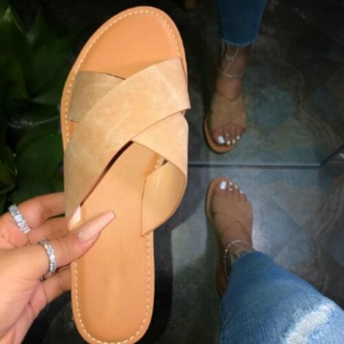 Fashion Cross Women Slippers Pu Leather Summer Shoes Woman Solid Outside Ladies Slides Plus Size 37-41 Female Flip Flops