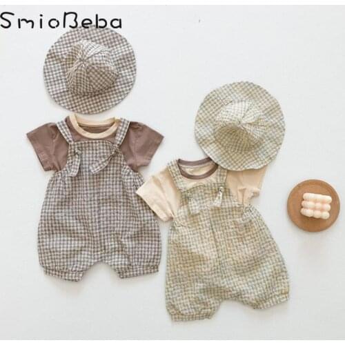 Korean Plaid 3 Pcs Vintage Baby Girl Short Sleeve Shirts+ Belt Suspenders Romper Dress + Hat Three Piece Suit For Boys And Girls