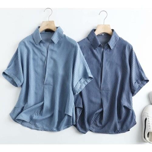 Short sleeve denim striped shirt women turn down collar work office lady denim shirt blouse casual summer shirt top