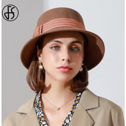 FS Cone Top Wool Felt Fedora Hats For Women Autumn Winter Warm Church Cloche Derby Hat Fedoras Bowler Cap With Bowknot Ribbon