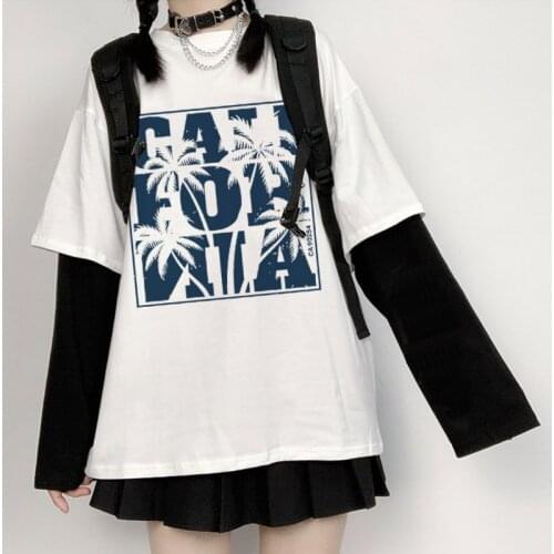 2020 Vintage California Letter Print Women T-Shirt Large Size Tops Harajuku Summer Loose Short Sleeve tee Los Angeles 90s Tshirt