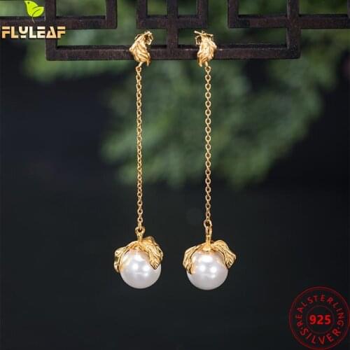 925 Sterling Silver Shell Fake Pearl Leaves Long Earrings For Women 18k Gold Chinese Style Female Vintage Jewelry