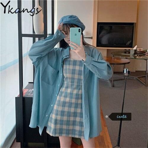Summer Blue 2pcs Set Vintage Plaid Sling Mini Dress + Shirt Single-Breasted Pocket Sunscreen BF Oversized Long Coat Women Suit