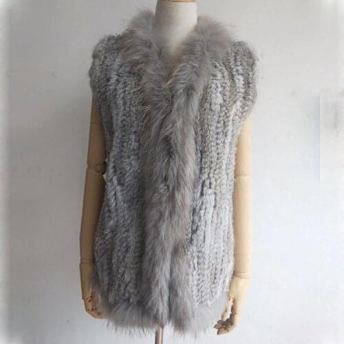 2019 Winter Spring Knitted Real Fur Vest With Real Raccoon Fur Trim Fashion Women Rabbit Fur Vests Ladies Genuine Fur Gilets
